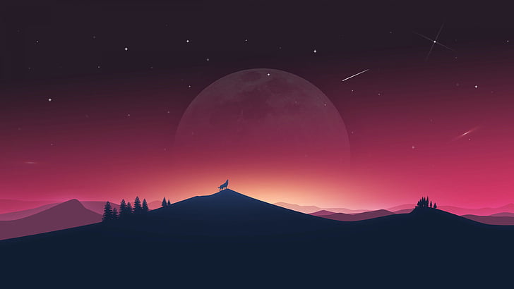 howling wolf on top of mountain under star fall during golden hour wallpaper, Wolf howling, Moon, Silhouette, Minimal, 4K, HD wallpaper