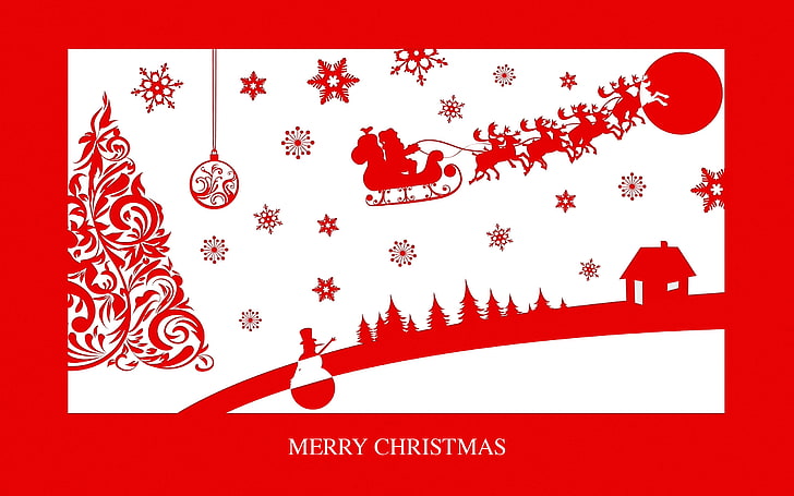red and white Merry Christmas digital wallpaper, road, forest, snowflakes, holiday, the moon, new year, Christmas, house, snowman, tree, sleigh, deer, Merry Christmas, Santa Claus, HD wallpaper