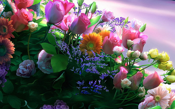 papier peint graphique de lot de fleurs de type assorti, fleurs, bouquets, rose, marguerites, Fond d'écran HD