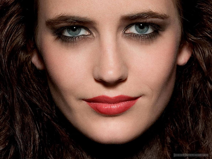 Eva Green, women, closeup, red lipstick, smiling, face, blue eyes, HD wallpaper