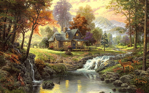 casas marrons perto de pintura de rio, paisagem, pintura, arte, casa, floresta, rio, animais, HD papel de parede HD wallpaper