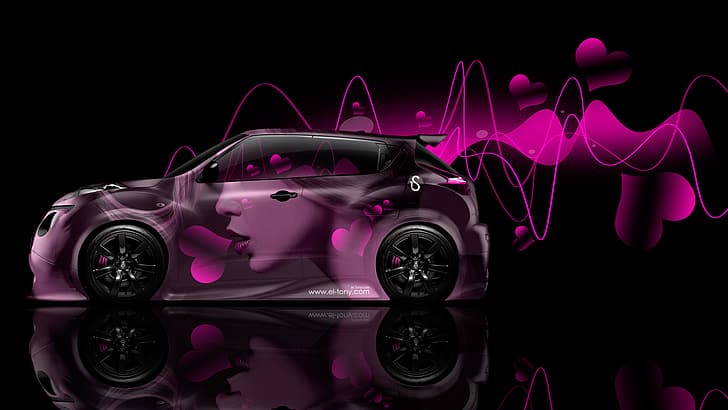 Girl, Design, Black, Pink, Beetle, Style, Nissan, Hearts, Background, Photoshop, Abstract, s, Side, Heart, Juke, JDM, Effects, Glamour, el Tony Cars, Tony Kokhan, Airbrushing, Aerography, Side View, Crossover, HD wallpaper