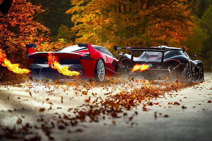 two black and red sport car racing on gray pavement road, supercars, car, vehicle, McLaren P1, Ferrari FXX, race cars, Ferrari FXXK, Ferrari FXX-K, fire, black cars, leaves, Ferrari, HD wallpaper