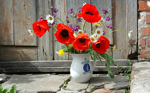 Макове във ваза, мак, маргаритка и лилаво цвете върху керамична ваза, цветя, 2560x1600, ваза, мак, HD тапет HD wallpaper