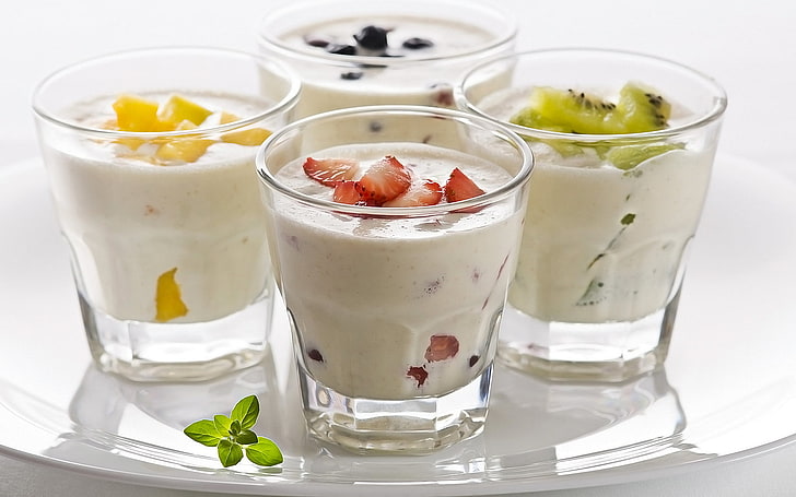 Fruit Yogurts, four clear rocks glasses, Nature, Food, fruit, HD wallpaper