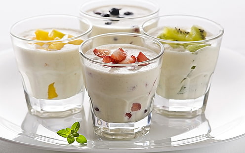 Fruit Yogurts, four clear rocks glasses, Nature, Food, fruit, HD wallpaper HD wallpaper