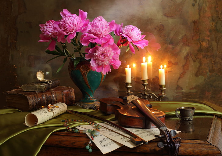 notes, violin, watch, bouquet, candles, necklace, book, bow, peonies, HD wallpaper