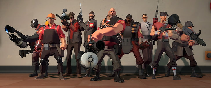 men holding gun poster, Team Fortress 2, jeux vidéo, Pyro (personnage), Pyro (TF2), Engineer (personnage), Engineer (TF2), Sniper (TF2), Spy (character), Heavy (charater), Demoman, Medic(TF2), Scout (personnage), Scout (TF2), Soldat (TF2), Fond d'écran HD