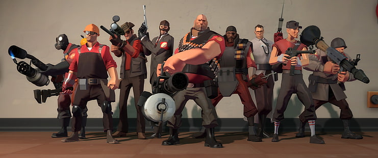 men holding gun poster, Team Fortress 2, video games, Pyro (character), Pyro (TF2), Engineer (character), Engineer (TF2), Sniper (TF2), Spy (character), Heavy (charater), Demoman, Medic (TF2), Scout (character), Scout (TF2), Soldier (TF2), HD wallpaper HD wallpaper