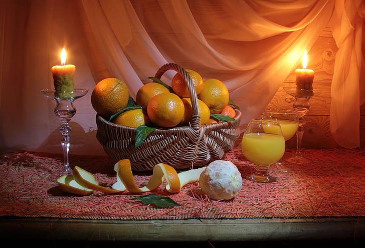 mesa, fuego, canasta, naranjas, velas, vasos, jugo, naturaleza muerta, mantel, cáscara, tul, candelabros, Fondo de pantalla HD