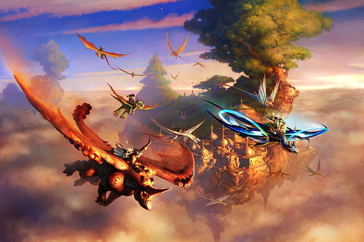 dragon illustration, island, weightlessness, sky, clouds, creatures, flying, HD wallpaper