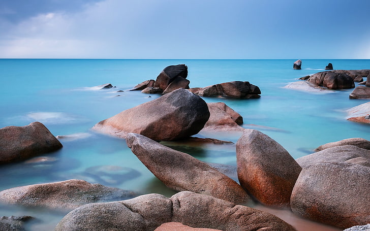 brown stone, sea, stones, water, smooth surface, HD wallpaper