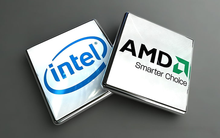 два серых процессора Intel и AMD, процессоры, процессор, компания, amd, intel, зеленый, синий, белый, HD обои