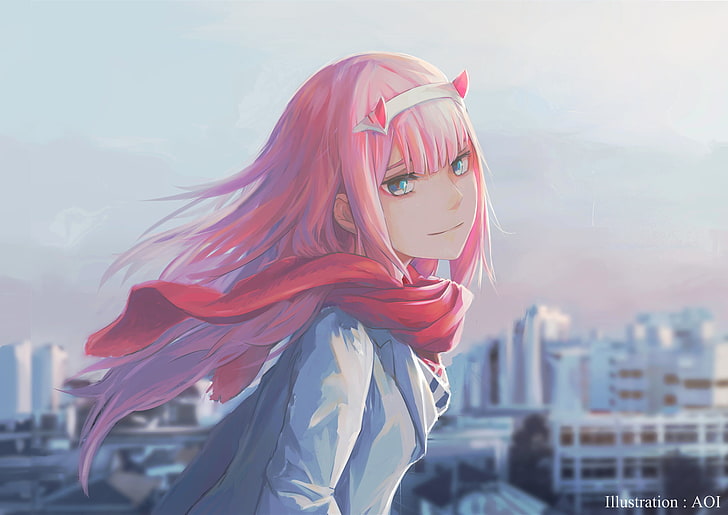 pink haired girl anime character, anime, anime girls, Darling in the FranXX, Zero Two (Darling in the FranXX), watermarked, HD wallpaper