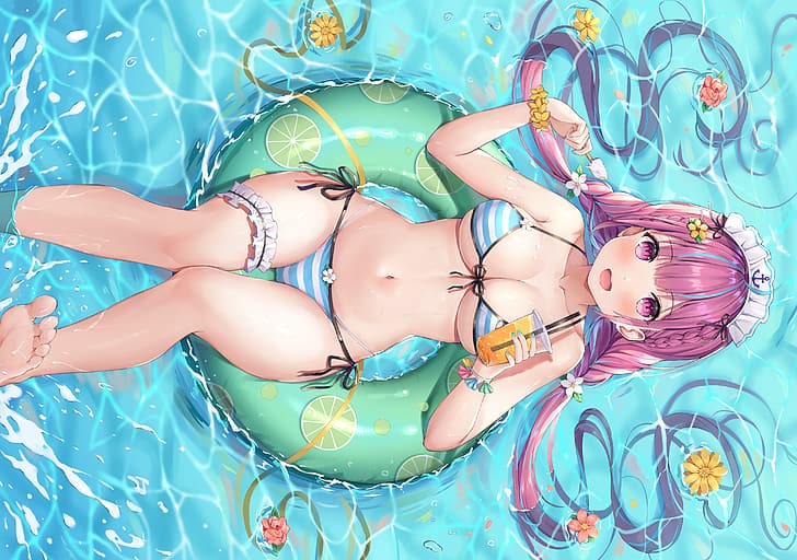 Minato Aqua, bikini, cheveux roses, yeux roses, Fond d'écran HD
