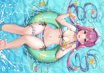 Minato Aqua, bikini, capelli rosa, occhi rosa, Sfondo HD HD wallpaper