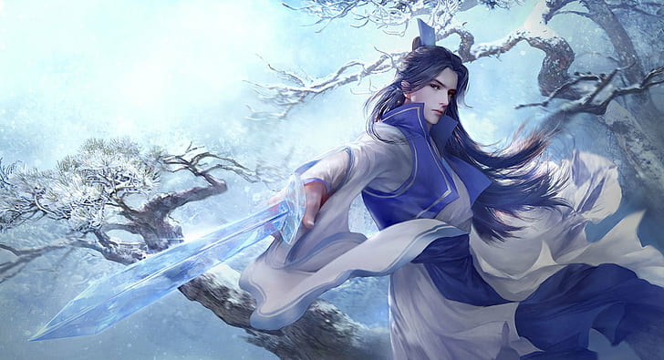 beautiful, game, guy, hair, ice, long, samurai, snow, sword, HD wallpaper