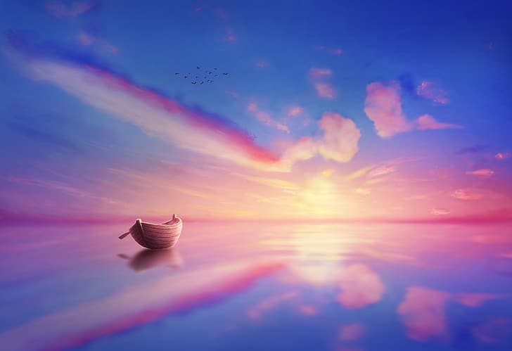 arte digital, ilustración, Photoshop, paisaje, naturaleza, cielo, skyscape, agua, mar, pájaros, sol, luz solar, puesta de sol, barco, transporte, reflexión, nubes, azul, rosa, Fondo de pantalla HD