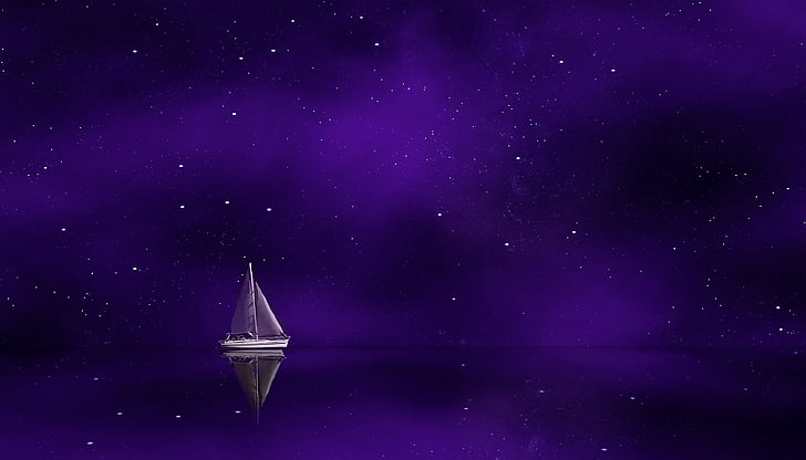 Segelschiff, Sternenhimmel, Lila, Ozean, 4K, HD-Hintergrundbild