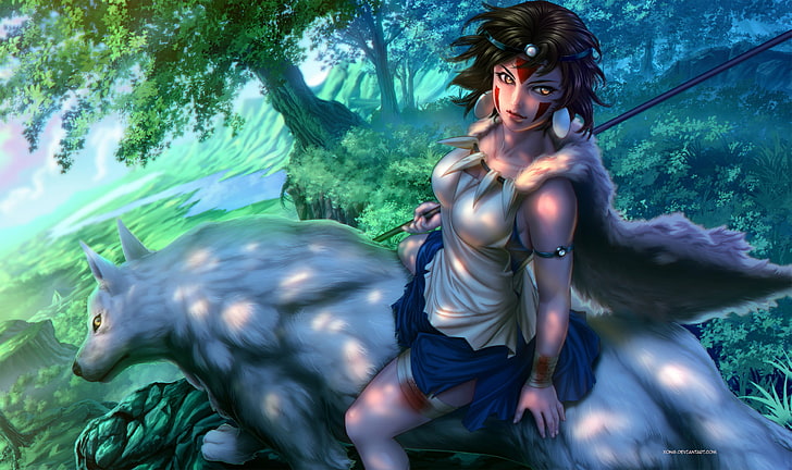 Putri Mononoke, anime, seni fantasi, gadis-gadis anime, Studio Ghibli, serigala, hutan, Wallpaper HD