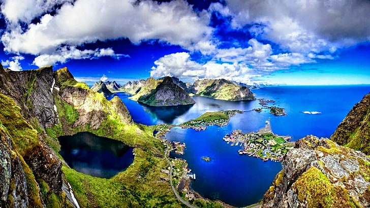 lofoten, noruega, natureza, céu, vila, promontório, lago da cratera, fiorde, lago, penhasco, paisagem, costa, moskenesoya, HD papel de parede