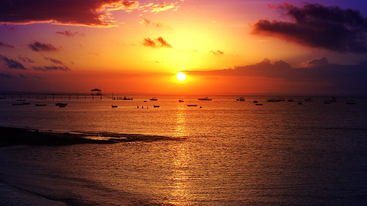 Sunset, Beach, Salvador, Seascape, Fishing boats, 4K, HD wallpaper