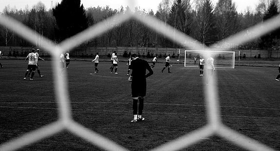 action, athletes, ball, barbed wire, black and white, conifers, fence, field, football, game, group, men, outfit, park, people, players, recreation, soccer, sport, stadium, team, training, trees, uniform, HD wallpaper HD wallpaper