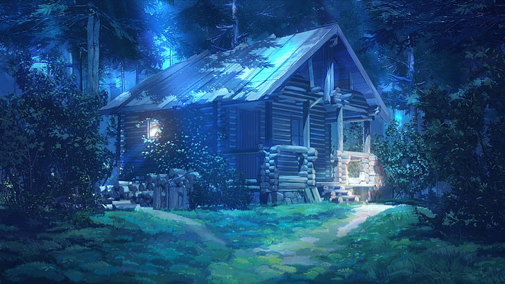 Cabane marron et bleue entourée d'arbres papier peint, été éternel, roman visuel, Fond d'écran HD