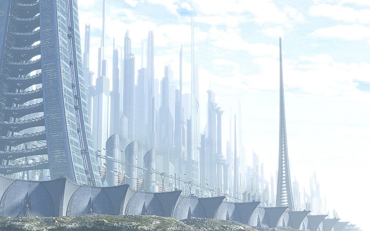 illustration de bâtiments gris, science fiction, ville futuriste, art numérique, Fond d'écran HD