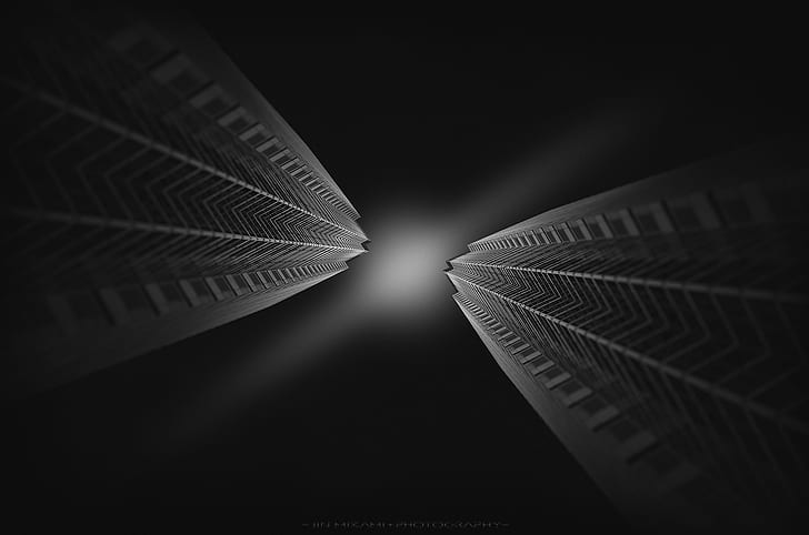 low angle view of building, HIGH-RISE, low angle, view, BandW, architecture, art, black  white, white  building, fineart, monochrome, abstract, backgrounds, tunnel, futuristic, black And White, light - Natural Phenomenon, dark, HD wallpaper