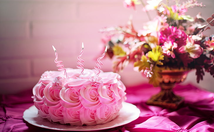 Pink Birthday Cake, Holidays, Birthday, Pink, Flowers, Cream, Party, Sweet, Cute, cake, Celebration, anniversary, dessert, HappyBirthday, HD wallpaper