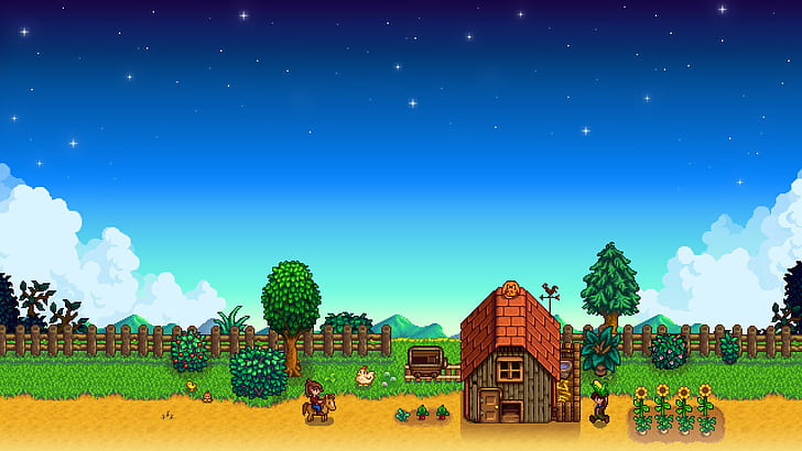 Долина звездной росы, ферма, звезды, пиксель арт, HD обои
