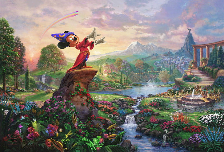Mickey Mouse standing near body of water wallpaper, flowers, nature, stream, eagle, mountain, arch, columns, painting, Mickey, Thomas Kinkade, Walt Disney, Thomas Kinkade STUDIOS, Fantasia, HD wallpaper