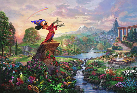 Mickey Mouse standing near body of water wallpaper, flowers, nature, stream, eagle, mountain, arch, columns, painting, Mickey, Thomas Kinkade, Walt Disney, Thomas Kinkade STUDIOS, Fantasia, HD wallpaper HD wallpaper