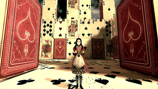 Alice Alice: Madness Returns Cards HD ภาพประกอบผู้หญิงและไพ่วิดีโอเกมอลิซบ้าผลตอบแทนการ์ด, วอลล์เปเปอร์ HD HD wallpaper