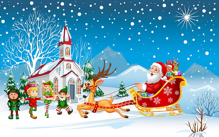 Lycklig jul Jultomten med sin släde med julklappar Goda barn Hd Skrivbordsunderlägg för surfplattor och mobiltelefoner 3840х2400, HD tapet