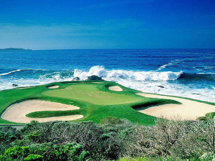Golf, pole golfowe, bunkier, zielony golf, ocean, sport, fala, Tapety HD