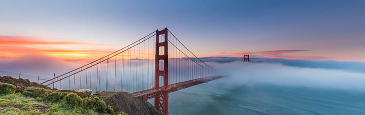 Мост Золотые Ворота, Сан-Франциско, США, Високосный, Низкий, Исследованный, Сан-Франциско, США, Мост Золотые Ворота, Панорама, город туманов, Карл, Восход, Сан-Франциско, море, известное место, подвесной мост, мост - Рукотворное сооружение,калифорния, закат, архитектура, небо, HD обои