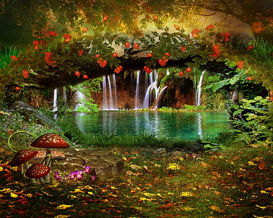 nature wallpaper, leaves, trees, landscape, flowers, nature, butterfly, mushrooms, waterfall, Liana, HD wallpaper HD wallpaper