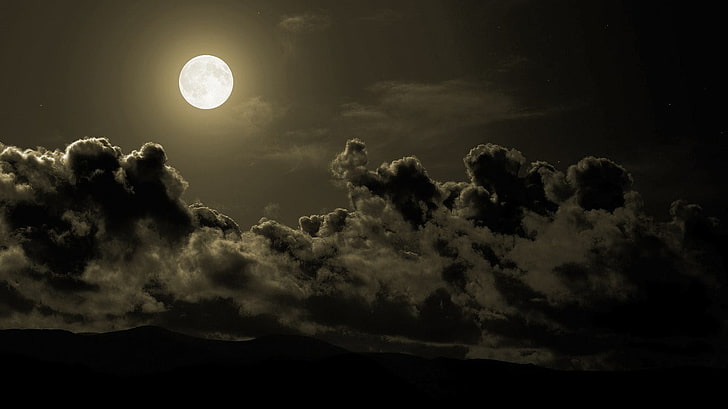 full moon and clouds illustration, landscape, storm, Moon, sky, digital art, clouds, night, HD wallpaper