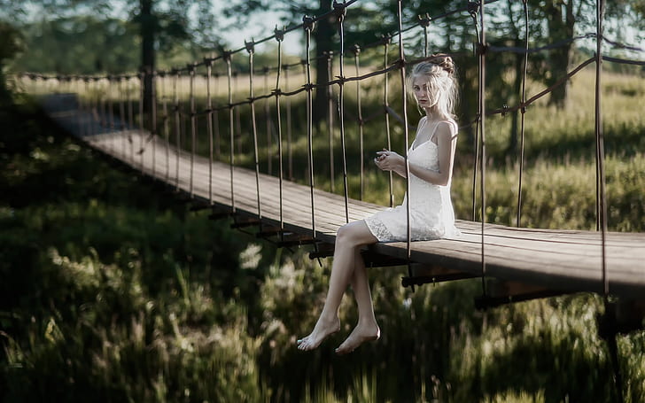 Gadis berpakaian putih, jembatan, Putih, Gaun, Gadis, Jembatan, Wallpaper HD