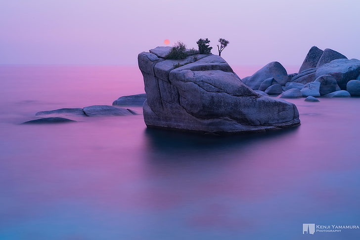 sunset, rock, tree, photographer, Bonsai Rock, Kenji Yamamura, HD wallpaper