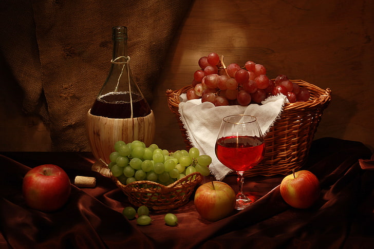 frutta assortita, vino, cestino, mele, bicchiere, bottiglia, uva, tubo, natura morta, Sfondo HD