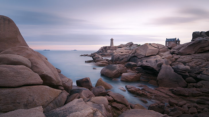 phare, pierres, rochers, mer, eau, Fond d'écran HD