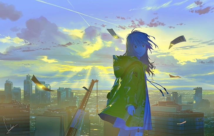 anime girl, rooftop, papers, cityscape, clouds, hoodie, buildings, Anime, HD wallpaper