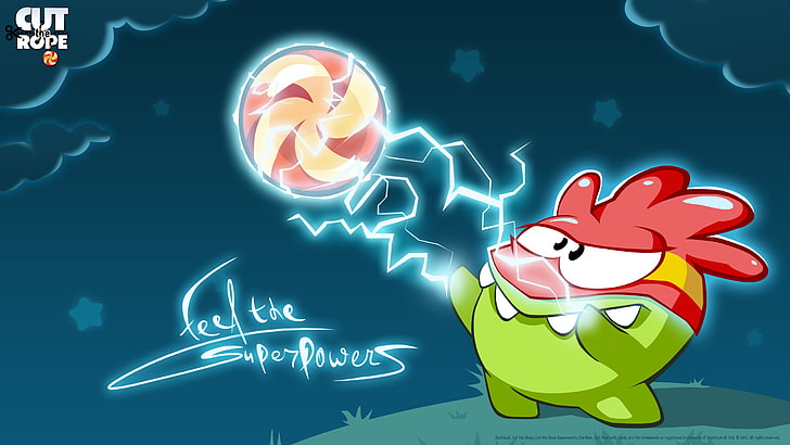 Cut Rope digital wallpaper, night, darkness, Wallpaper, lightning, the sweetness, monster, round, stars, teeth, electricity, alien, green, candy, scissors, current, Wallpaper for desktop, cut the rope, toothy, feel the superpowers, HD wallpaper