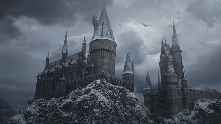 Harry Potter, Hogwarts, kastil, musim dingin, arsitektur, Wallpaper HD