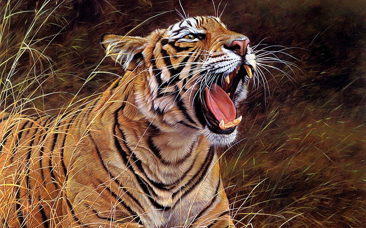 ジャングルの虎のRo音、茶色と黒の虎の図、動物、芸術と創造、動物、芸術、虎、怒っています。、 HDデスクトップの壁紙