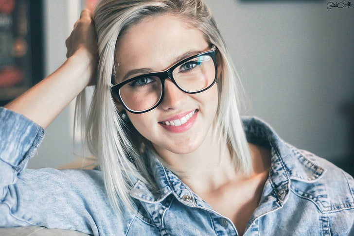 women's black framed eyeglasses, model, blonde, women, brunette, smiling, women with glasses, blue eyes, HD wallpaper