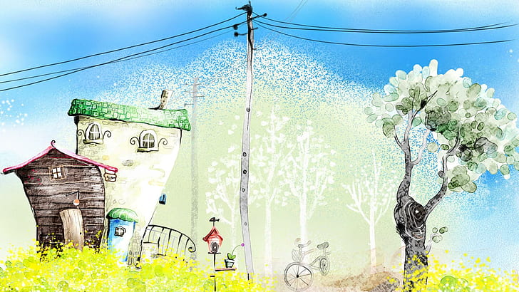 Rumah miring, bangunan tempat tinggal di dekat pos jalan dan ilustrasi pohon, sepeda, bunga, pohon, artistik, negara, abstrak, tiang telepon, rumah, persona, 3d dan abs, Wallpaper HD